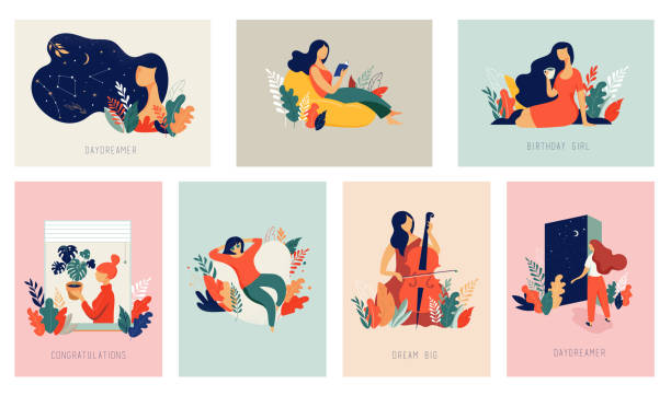 ilustraciones, imágenes clip art, dibujos animados e iconos de stock de día internacional de la mujer. tarjetas de vector con las mujeres, hojas, flores - fémina ilustraciones