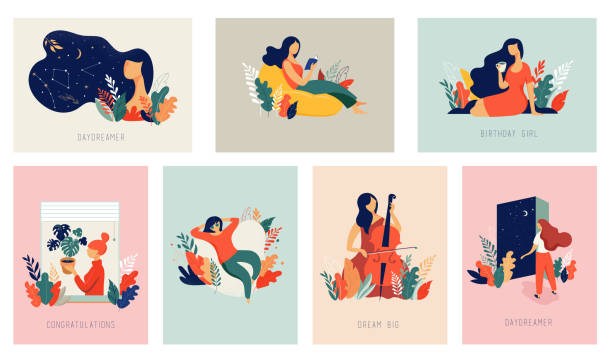 International Women's Day. Vector cards with women, leaves, flowers International Women's Day. Vector cards collection with women, leaves, flowers dreaming illustrations stock illustrations