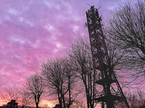 communication tower background telephone transmit purple sky silhouette dusk morning copy space