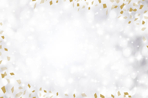 ilustrações de stock, clip art, desenhos animados e ícones de blur elegance silver color background with white bokeh light and blink star and gold confetti flying spreading and copyspace for design on special day such as merry christmas festival , happy new year 2019 celebration, national event - felicitar