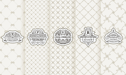 Vector set of design elements labels, icon, frame, luxury packaging for the product. Vertical white cards on seamless background. Templates vintage ornament