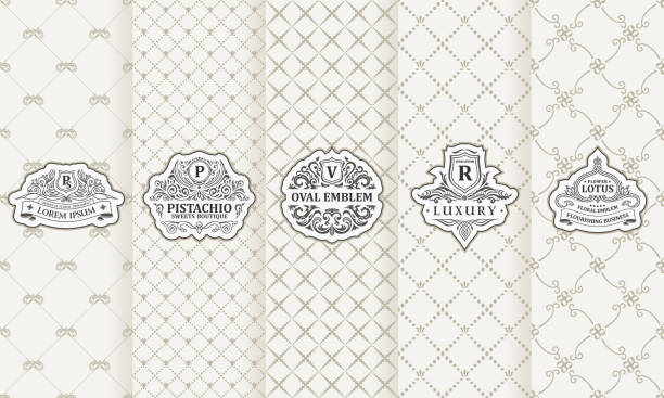 Vector set of design elements labels, icon, frame, luxury packaging for the product Vector set of design elements labels, icon, frame, luxury packaging for the product. Vertical white cards on seamless background. Templates vintage ornament arabic style illustrations stock illustrations