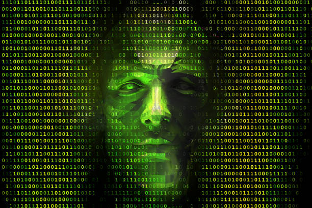 двоичные коды и хакер лицо - зло стоковые фото и изображения