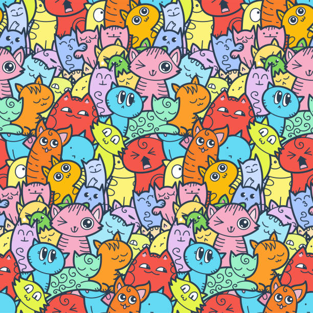 istock Funny doodle cats and kittens seamless pattern for prints, designs and coloring books 1084611632