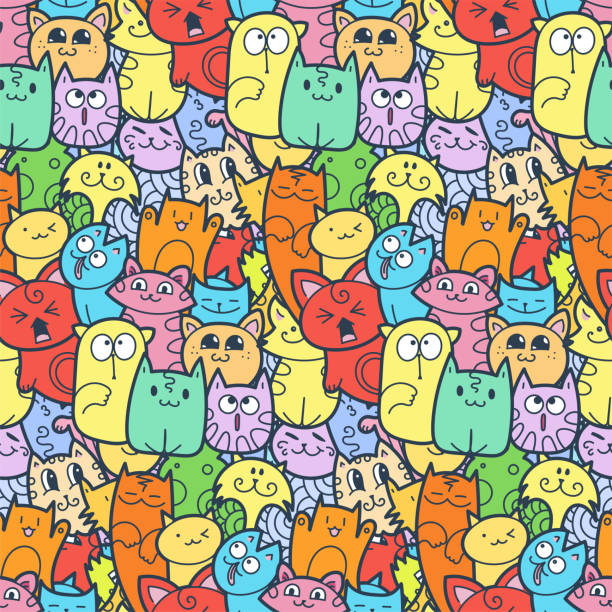 istock Funny doodle cats and kittens seamless pattern for prints, designs and coloring books 1084611658