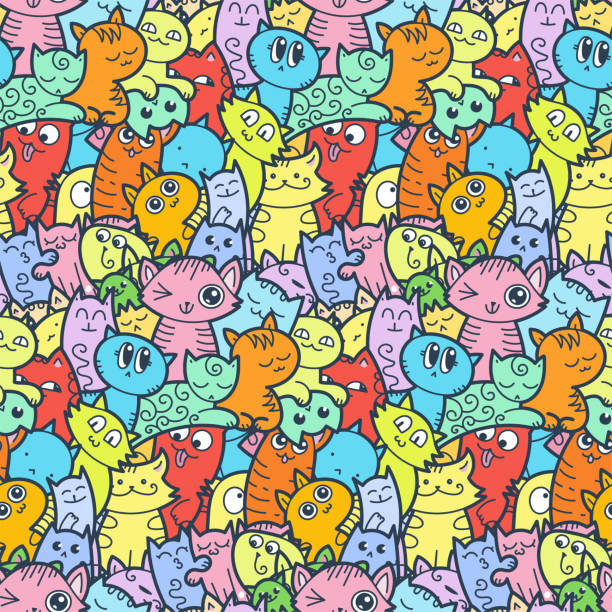 istock Funny doodle cats and kittens seamless pattern for prints, designs and coloring books 1084611756