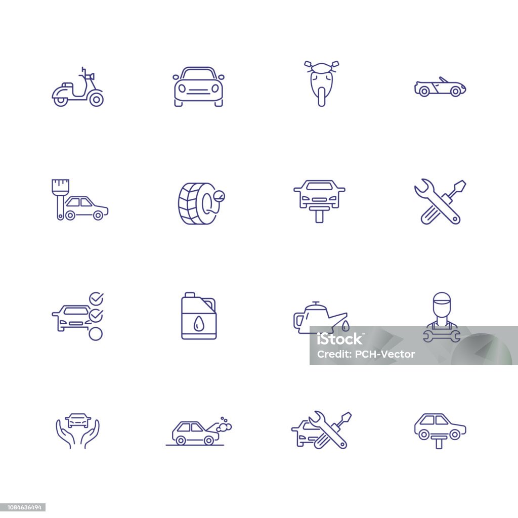 Car service line icon set Car service line icon set. Vehicle, scooter, oil, wheel. Maintenance concept. Can be used for topics like service station, blue collar, vehicle inspection Icon Symbol stock vector