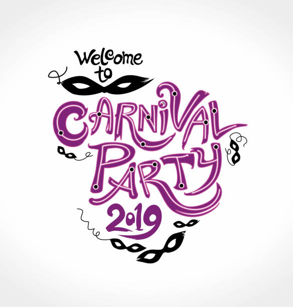 ilustraciones, imágenes clip art, dibujos animados e iconos de stock de bienvenidos a la fiesta de carnaval. 2019. vector logo con máscaras negras y las letras de neón púrpura. - femme fatale