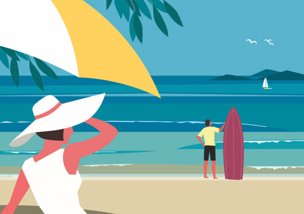 ilustrações, clipart, desenhos animados e ícones de conceito de viagens de férias de verão - surfing sunlight wave sand