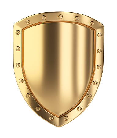 Gold shield. Isolated on white background 3d illustration.