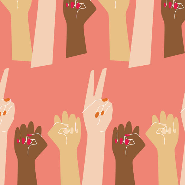 Go girl pattern with raised women hands Go girl pattern with raised women hands in coral background hand patterns stock illustrations