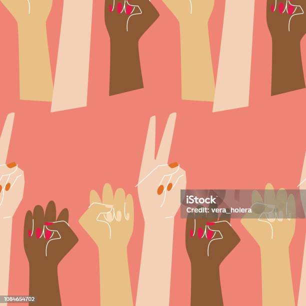 Go Girl Pattern With Raised Women Hands Stock Illustration - Download Image Now - Girl Power, Women's Rights, Confidence