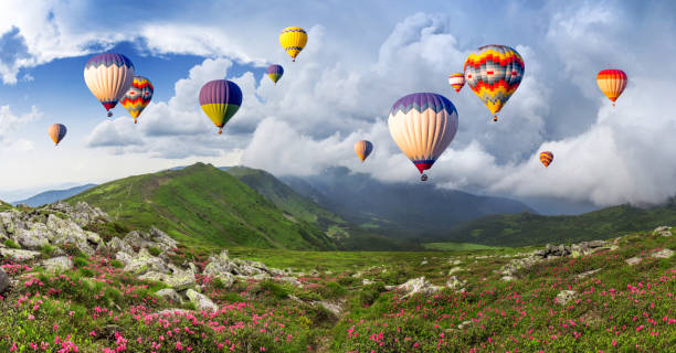 Multicolored hot air balloons on a mountain ridge covered with flowering rhododendrons stock photo