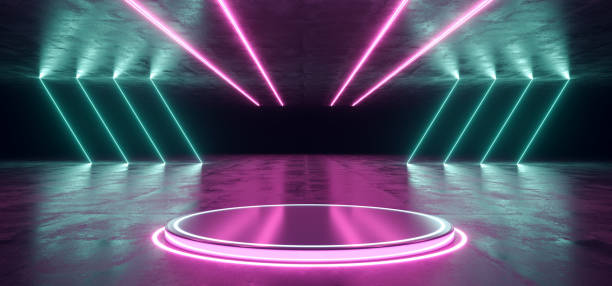istock Neon Stage Showroom Concept Dark Sci Fi Alien Grunge Concrete Room Reflective Texture And Abstract Pink Blue Purple Abstract Led Laser Neon Glowing Light Triangle Shaped Lights Background 3D Rendering 1084659420