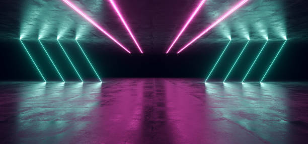 istock Neon Concept Dark Sci Fi Alien Grunge Concrete Room Reflective Texture With Ceiling And Abstract Pink Blue Purple Abstract Led Laser Neon Glowing Light Triangle Shaped Lights Background 3D Rendering 1084659508