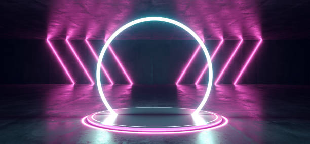 istock Neon Stage Showroom Concept Dark Sci Fi Alien Grunge Concrete Room Reflective Texture And Abstract Pink Blue Purple Abstract Led Laser Neon Glowing Light Cirlce Shaped Lights Background 3D Rendering 1084659596