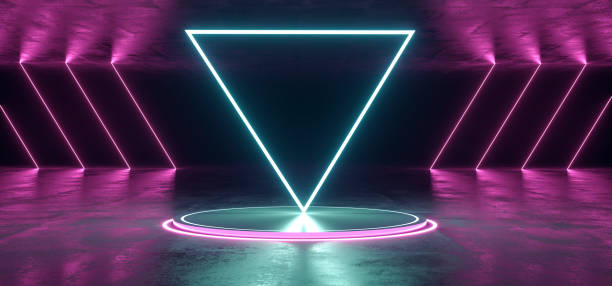 istock Neon Stage Showroom Concept Dark Sci Fi Alien Grunge Concrete Room Reflective Texture And Abstract Pink Blue Purple Abstract Led Laser Neon Glowing Light Triangle Shaped Lights Background 3D Rendering 1084659758