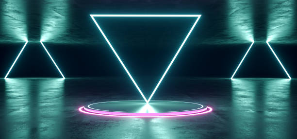 istock Neon Stage Showroom Concept Dark Sci Fi Alien Grunge Concrete Room Reflective Texture And Abstract Pink Blue Purple Abstract Led Laser Neon Glowing Light Triangle Shaped Lights Background 3D Rendering 1084659790