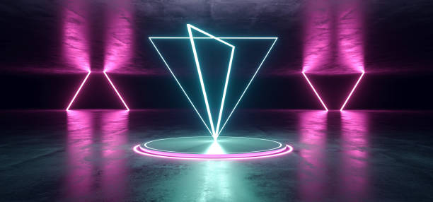 istock Neon Stage Showroom Concept Dark Sci Fi Alien Grunge Concrete Room Reflective Texture And Abstract Pink Blue Purple Abstract Led Laser Neon Glowing Light Triangle Shaped Lights Background 3D Rendering 1084659832