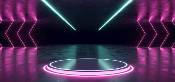 istock Neon Concept Dark Sci Fi Alien Grunge Concrete Room Reflective Texture With Ceiling And Abstract Pink Blue Purple Abstract Led Laser Neon Glowing Light Triangle Shaped Lights Background 3D Rendering 1084659890