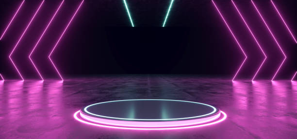 istock Neon Stage Showroom Concept Dark Sci Fi Alien Grunge Concrete Room Reflective Texture And Abstract Pink Blue Purple Abstract Led Laser Neon Glowing Light Triangle Shaped Lights Background 3D Rendering 1084659918