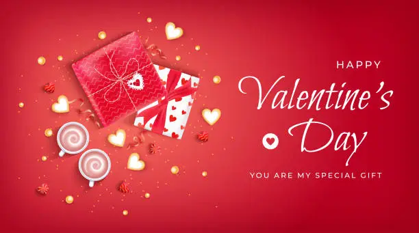 Vector illustration of Happy Valentine's Day Flyer, Horizontal Web Banner Background with lollipops, gift boxes, heart shaped cookies, coffee cups, serpentine, confetti. On red background