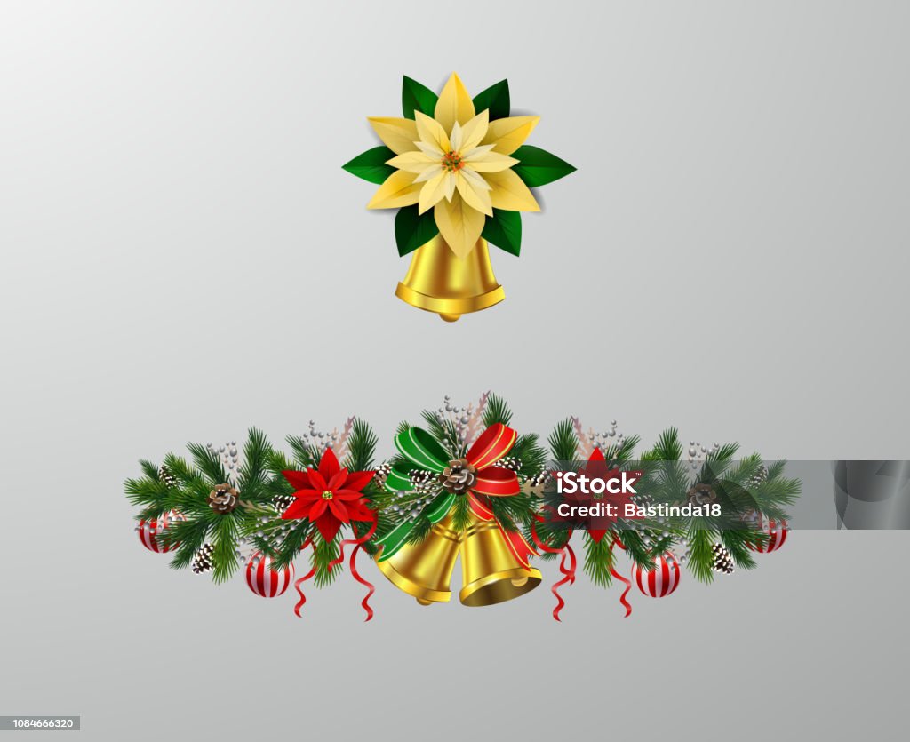 Christmas elements for your designs Christmas decoration set with evergreen treess pine cones and poinsettia isolated vectorChristmas decoration set with evergreen treess pine cones and poinsettia isolated vector Artificial stock vector
