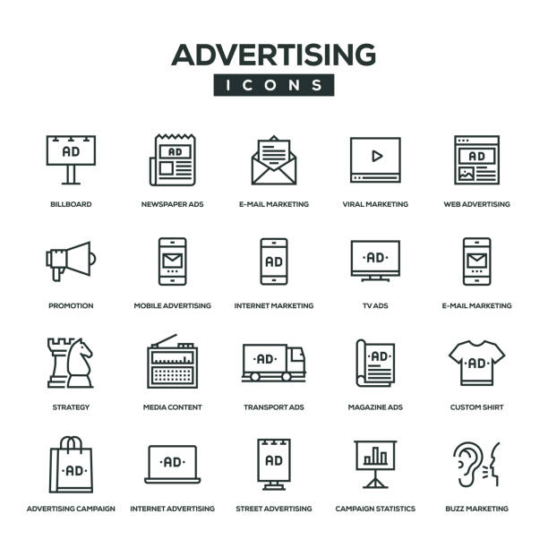werbung linie-icon-set - gewerbliches schild stock-grafiken, -clipart, -cartoons und -symbole