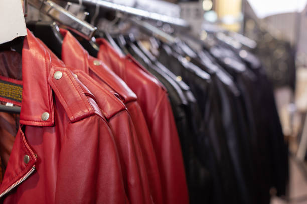 istock Collection of leather jackets in shop 1084674692