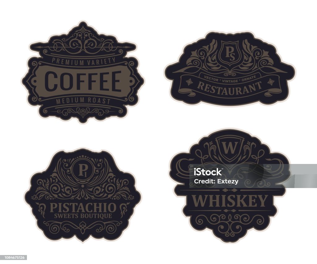 Set di emblemi neri vintage. Fiorisce ornamento calligrafico cresta - arte vettoriale royalty-free di Logo