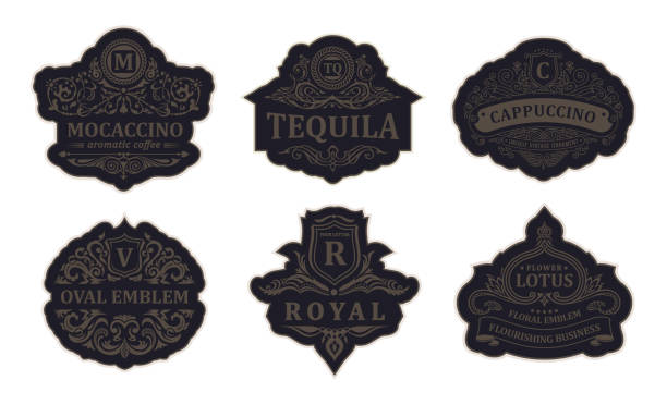ilustraciones, imágenes clip art, dibujos animados e iconos de stock de juego de emblema vintage negro. florece la cresta adorno caligráfico - patron tequila