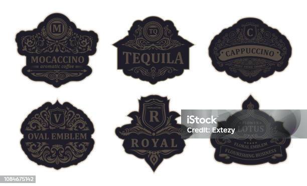 Vintage Black Emblem Set Flourishes Crest Calligraphic Ornament Stock Illustration - Download Image Now