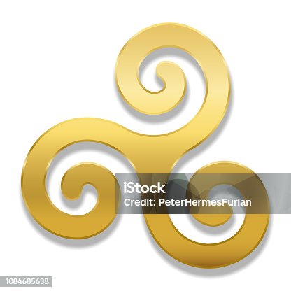 istock Golden celtic spiral triskele on white background. Triskelion. A motif consisting of a triple spiral exhibiting rotational symmetry. Three twisted and connected spirals. Isolated illustration. 1084685638