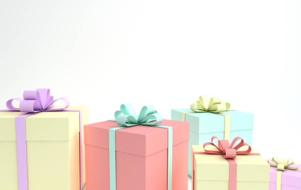 istock 3d rendering of realistic pink, yellow and violet gift box with ribbon bow on white studio background. Empty space for party, promotion social media banners, posters. Present boxes in pastel colors 1084687194