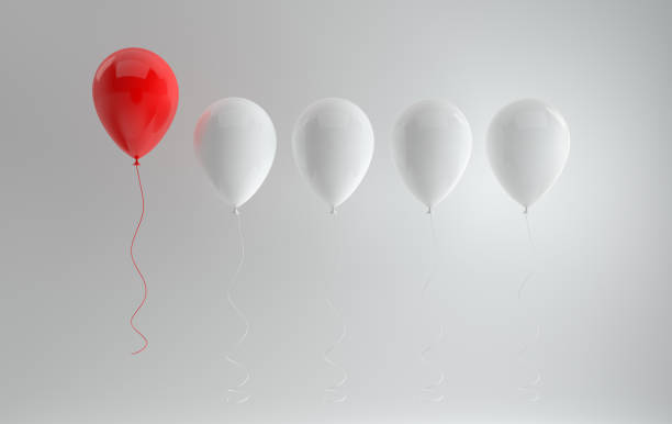 istock Creativity or being different , stand out from the crowd concept. Floating red and white glossy balloons on white background with reflections and shadows. 3D rendering 1084687196