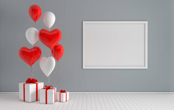 istock 3d render interior with realistic  red and white balloons, mock up poster frame in the room. Heart shape balloons. Empty space for party, promotion social media banners, posters. Valentine's Day elegant 14 february card 1084687316