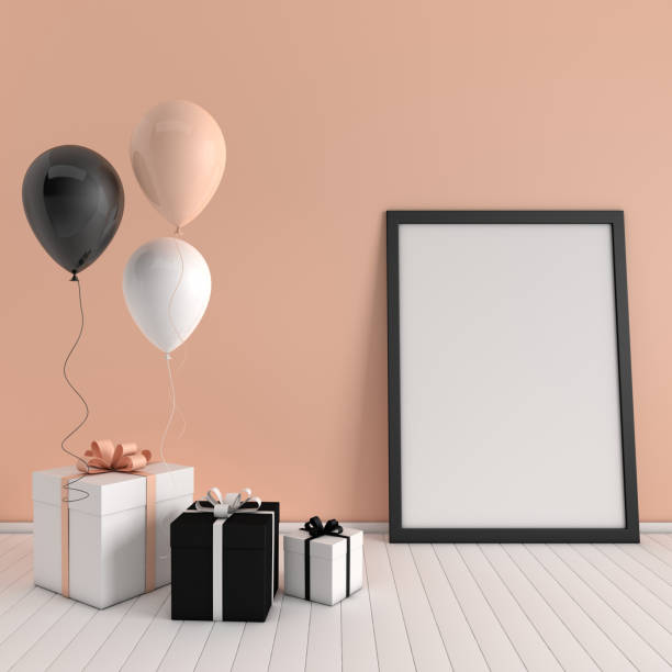 istock 3d render interior with realistic balloons and gift box with bow, poster mockup in the room. Empty space for party, promotion social media banners, posters. 1084687324