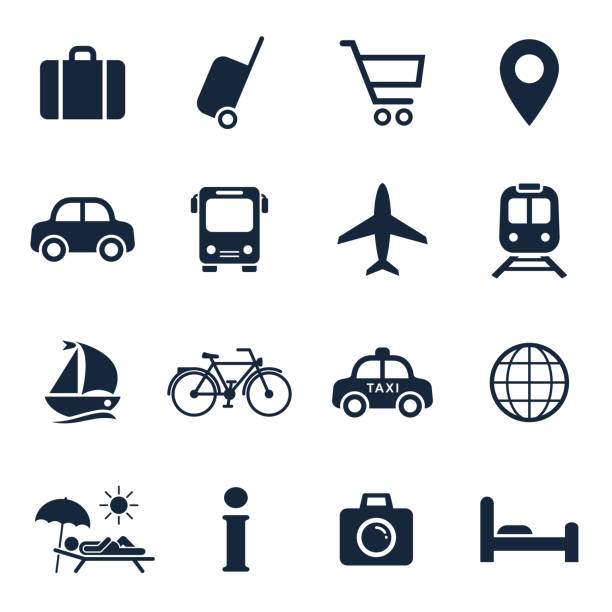 Travel and tourism icon set. Vector isolated vacation travel symbol collection Travel and tourism icon set. Vector isolated vacation travel symbol collection. transportation icons stock illustrations
