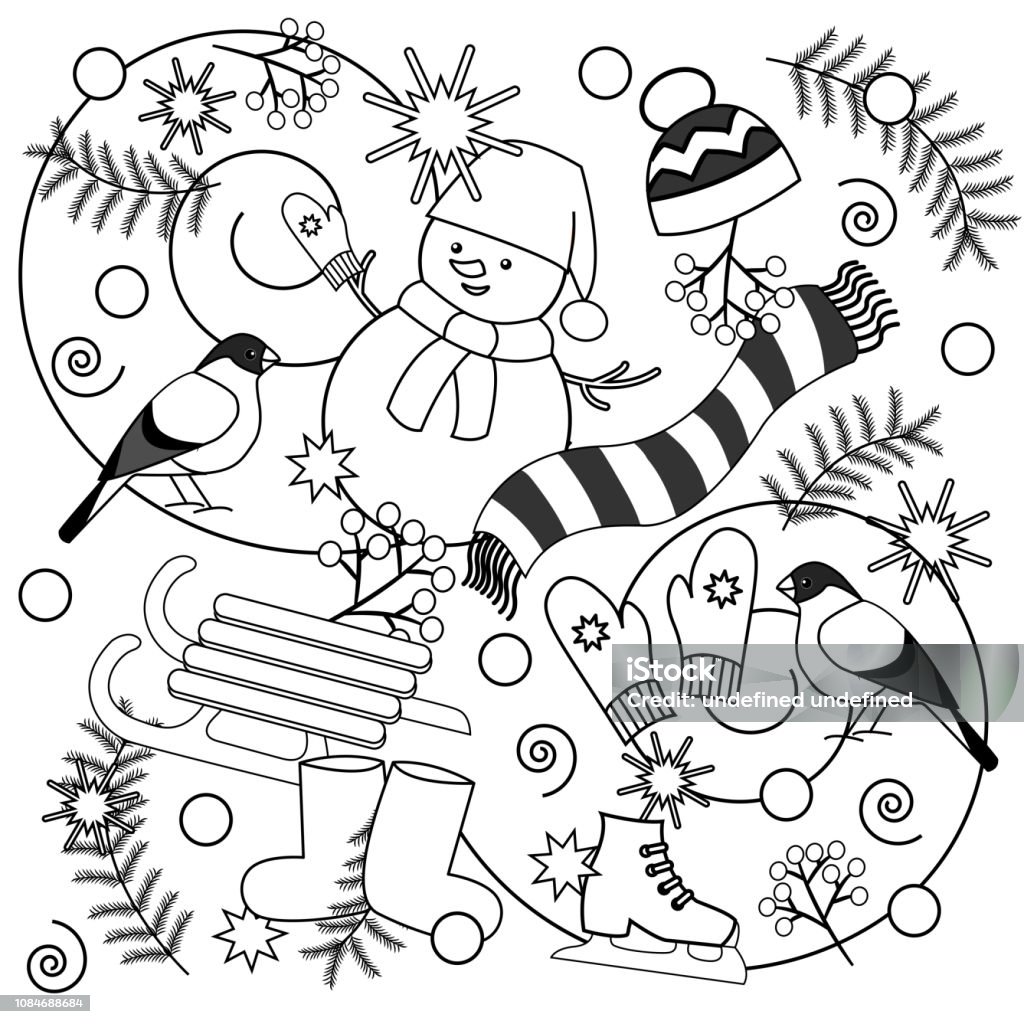 Winter coloring pages for kids and adults Winter coloring for children and adults with mittens. boots, hat, scarf, snowman, snowman, sledge, skates - contours on white background Blizzard stock vector