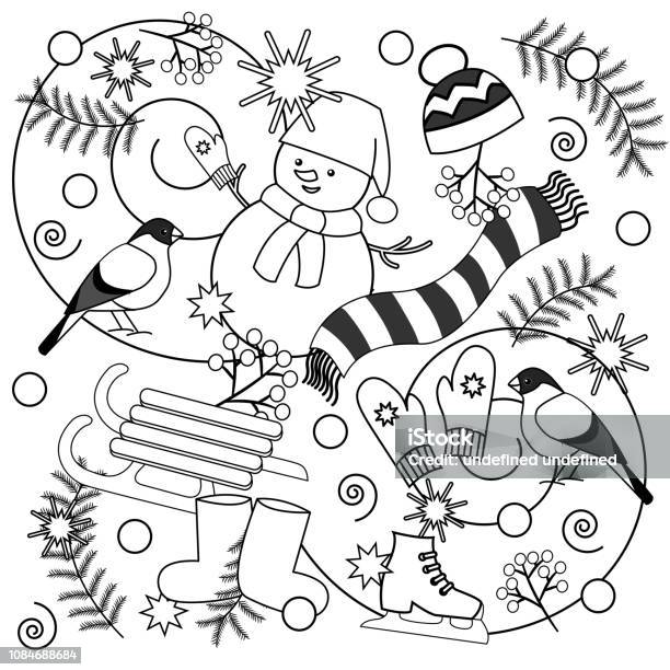Winter Coloring Pages For Kids And Adults Stock Illustration - Download Image Now - Blizzard, Border - Frame, Branch - Plant Part