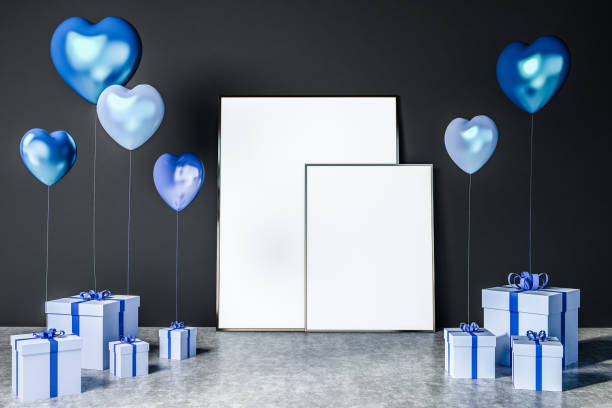 istock Blue heart balloons and presents, posters 1084696924