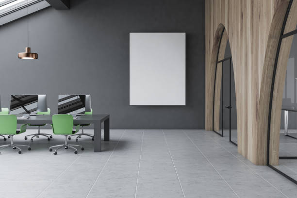 istock Gray and wooden office with poster 1084697536