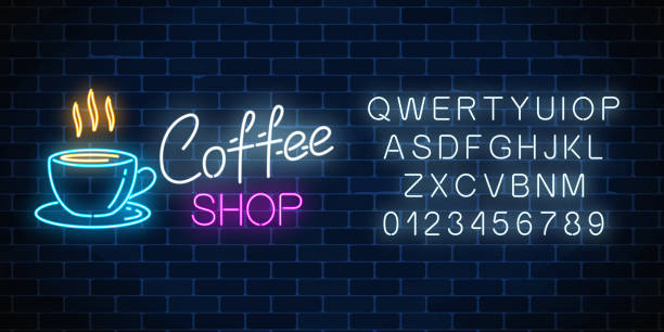 istock Neon coffee shop signboard with alphabet on a dark brick wall background. Hot drink and food cafe sign. 1084702330