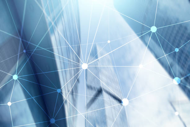 istock Blockchain network on blurred skyscrapers background. Financial technology and communication concept. 1084703792