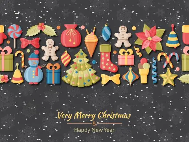 Vector illustration of Christmas background with 3d paper cut signs. Cute kids toys and accessories. Snowfall at the back. New Year greeting card or banner concept.  Vector illustration.