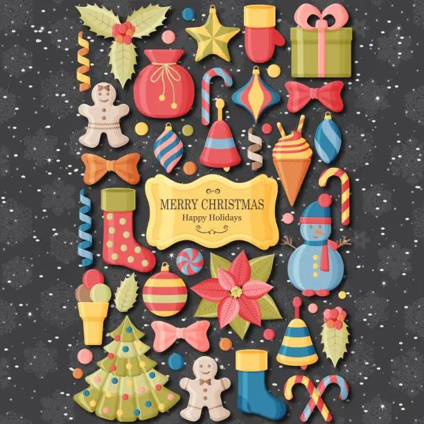 Vector illustration of Christmas background with 3d paper cut signs. Cute kids toys and accessories. Snowfall at the back. New Year greeting card or banner concept.  Vector illustration.