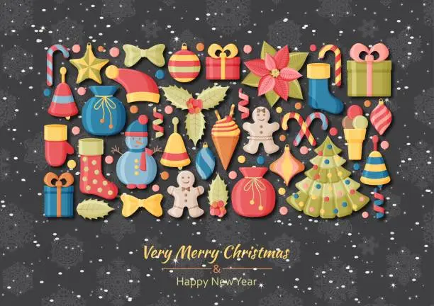 Vector illustration of Christmas background with 3d paper cut signs. Cute kids toys and accessories. Snowfall at the back. New Year greeting card or banner concept.  Vector illustration.