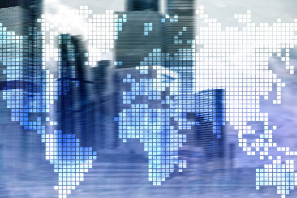 istock Double exposure world map on skyscraper background. Communication and global business concept. 1084704110