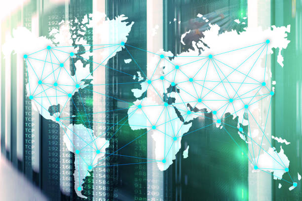 istock Internet and telecommunication concept with world map on server room background. Server room. 1084704316