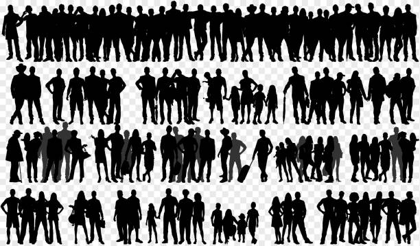 isolierte silhouetten mit großen gruppe von menschen - shadow men silhouette people stock-grafiken, -clipart, -cartoons und -symbole